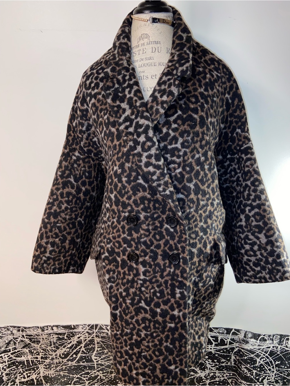 Coach Leopard-Print Double-Breasted Pea Coat in Black and Brown